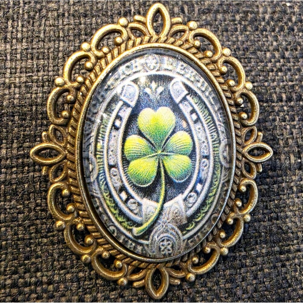 Vintage Filigree Shamrock Horseshoe Luck Brooch Pin Gold Tone Green Metal 2"